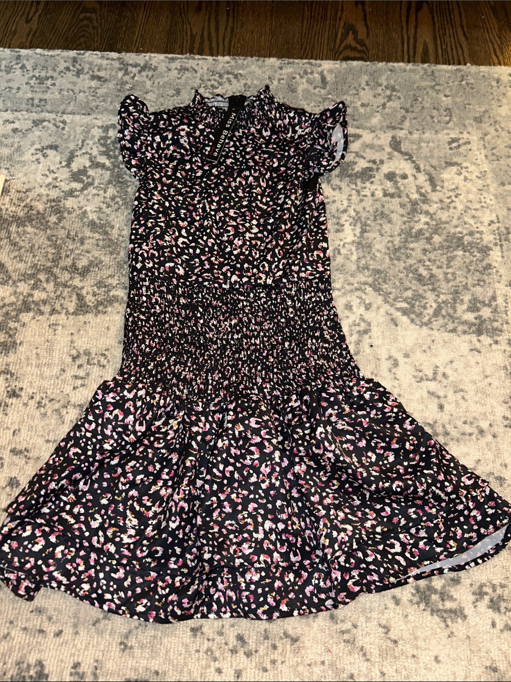 Girls' Black Floral Smocked Waist Dress with Ruffle Sleeves